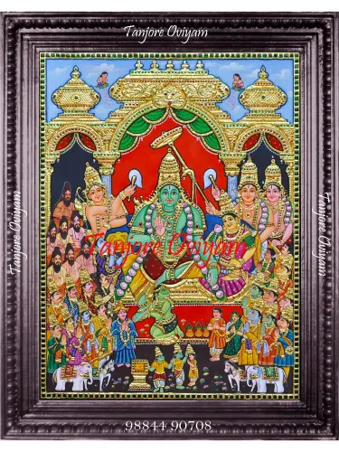 Authentic Ramar Pattabishegam Tanjore Painting depicting Lord Rama’s coronation with Sita, Lakshmana, Hanuman, and royal assembly handcrafted in gold foil